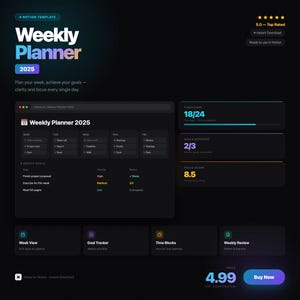 Könnte beinhalten: Digitales Wochenplaner-Template für 2025, entworfen für Notion. Das dunkle Layout zeigt Abschnitte für Wochenziele, Aufgabenverfolgung und einen Fokus-Score. Der Titel "Weekly Planner" ist in großem, farbigem Text gehalten.