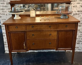 1930s solid Tiger oak wooden buffet with original Keesler cast iron drawer pulls