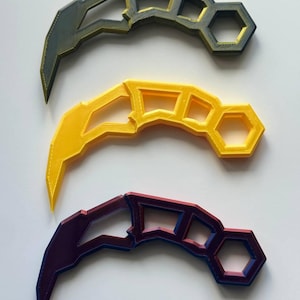 Può includere: Tre utensili in plastica curvi e segmentati, dotati di una punta affilata e di un foro esagonale per il dito alla base. L'utensile in alto è verde scuro, quello centrale è giallo brillante e quello in basso presenta un gradiente rosso e blu.