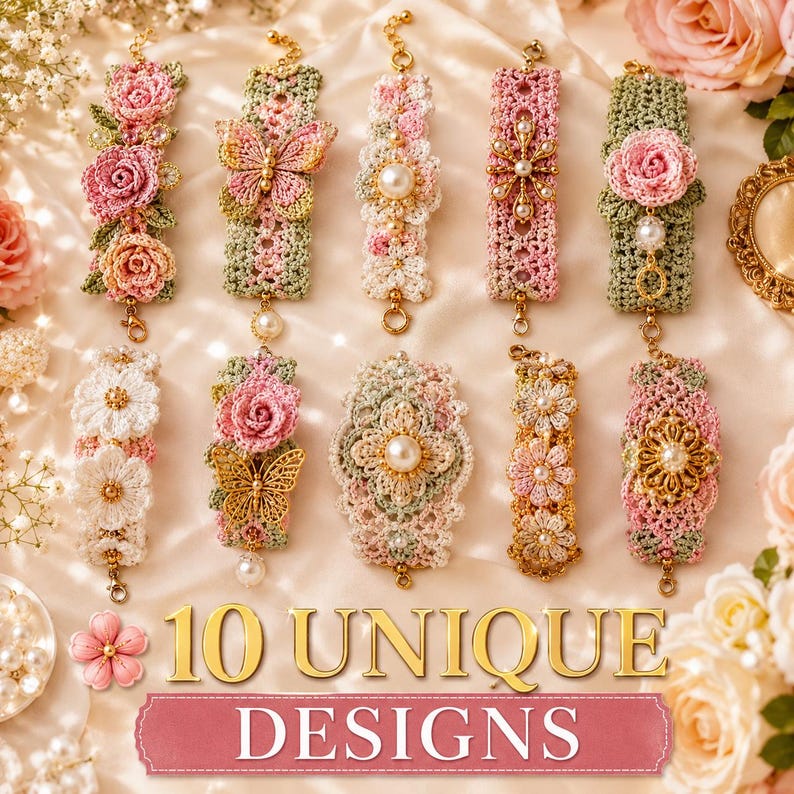 May include: Ten crochet bracelets featuring floral and butterfly motifs in shades of pink, green, white, and gold. Each bracelet incorporates intricate needlework, pearls, and metallic accents, arranged in two rows with the text 10 UNIQUE DESIGNS.