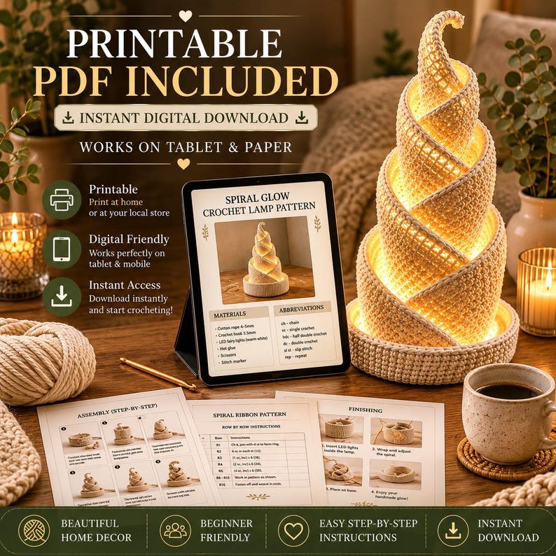 Spiral Crochet Lamp Pattern | Modern LED Lantern PDF (Instant Download)