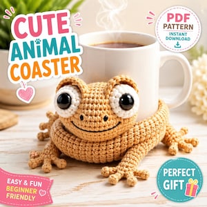 May include: A tan crocheted lizard coaster featuring large white eyes with black pupils, wrapped around a white ceramic mug. The image includes text that reads CUTE ANIMAL COASTER, PDF PATTERN INSTANT DOWNLOAD, EASY & FUN BEGINNER FRIENDLY, and PERFECT GIFT.