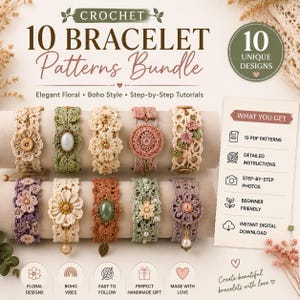 Può includere: Un grafico digitale che mostra 10 modelli di braccialetti all'uncinetto. Il testo recita 10 BRACELET Patterns Bundle e 10 UNIQUE DESIGNS. Sono raffigurati dieci braccialetti all'uncinetto con motivi floreali, perline e ciondoli vari.