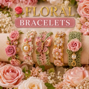 May include: Five crochet bracelets displayed on a cylindrical stand. The bracelets feature intricate floral and butterfly designs in shades of pink, green, and gold, accented with small beads and pearls. The text "FLORAL BRACELETS" is visible above.