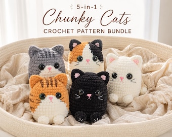 Paquete de patrones de ganchillo de gatos regordetes en PDF, 5 peluches amigurumi (apto para principiantes)