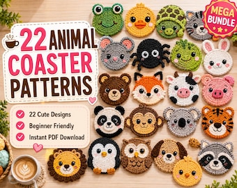 Paquete de 22 patrones de posavasos de ganchillo con forma de animales / Diseños en PDF para posavasos (descarga instantánea)