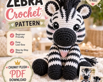 Patrón de ganchillo de cebra en PDF / Tutorial de amigurumi de peluche grueso (descarga digital)
