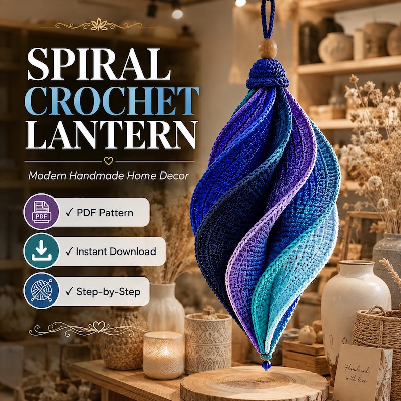Spiral Crochet Lantern Pattern | 3D Twisted Boho Home Decor (PDF Download)