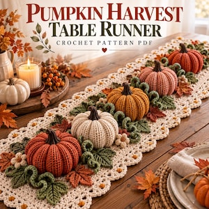 May include: A cream-colored crocheted table runner featuring a repeating pattern of three-dimensional pumpkins in shades of orange, yellow, and pink, accented with green crocheted leaves and small flowers. The text reads PUMPKIN HARVEST TABLE RUNNER.
