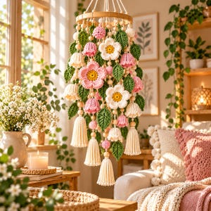 May include: A hanging mobile featuring crocheted pink and white flowers, green leaves, and wooden beads. The structure is suspended from a circular wooden hoop and includes several cream-colored yarn tassels hanging from the bottom of the arrangement.