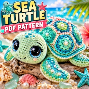 Könnte beinhalten: Ein gehäkeltes Meeresschildkröten-Spielzeug mit hellgrünem Kopf, großen schwarzen Augen und einem Panzer aus türkisfarbenen und grünen Blumenmotiven, die mit weißen Perlen verziert sind. Der Text SEA TURTLE PDF PATTERN steht oben links.