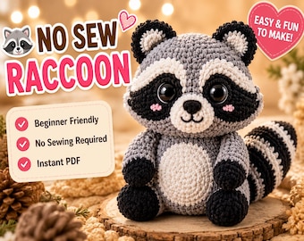 Patrón de ganchillo sin costuras para mapache / Tutorial de peluche amigurumi de animales del bosque (descarga en PDF)