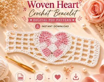 Patrón de pulsera de ganchillo con forma de corazón tejido / Tutorial de joyería de encaje para principiantes (Descarga en PDF)