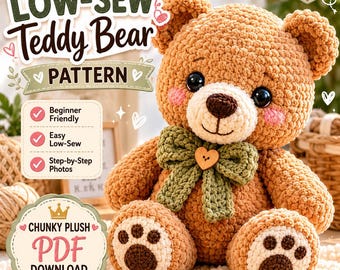 Patrón de osito de peluche de ganchillo grueso, juguete amigurumi fácil de tejer con poco punto (descarga en PDF)
