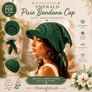 Wzór na czapkę-bandanę w stylu pixie w formacie PDF | Samouczek robienia czapki z koronkowym daszkiem | Letni kapelusz w stylu boho DIY | Instrukcja szydełkowania w formacie PDF dla średnio zaawansowanych
