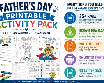 Paquete de actividades imprimibles para el Día del Padre, Cuestionario "Todo sobre papá", Paquete para colorear de abuelo, papá y tío