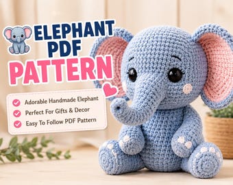 Patrón de ganchillo de elefante en PDF / Tutorial de peluche de animal de safari Amigurumi