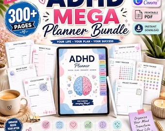 Paquete de planificadores para TDAH, PDF imprimible, plantilla editable de Canva (descarga digital)