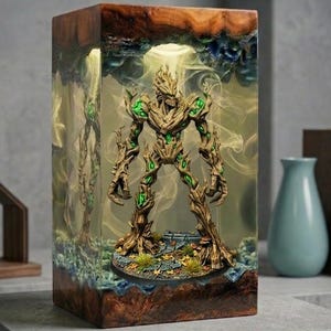 May include: A rectangular resin and wood lamp featuring a detailed, humanoid tree figure with glowing green accents. The figure stands on a textured base inside the clear resin block, which is illuminated from above, casting a soft, smoky light.