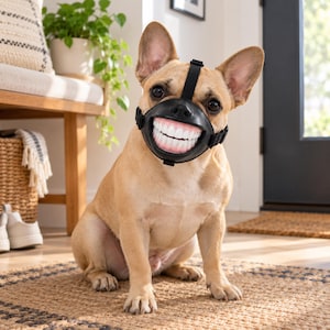 May include: A tan French Bulldog wearing a black dog muzzle that features a realistic set of human-like teeth and gums. The muzzle is secured with adjustable black straps around the snout and head, creating a humorous appearance on the dog.