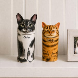 Handmade Ceramic Pet Portrait Urn, Custom Hand Painted Cat Urn, Cat Urn for Ashes, Personalized Pet Memorial Jar Keepsake with Name & Date