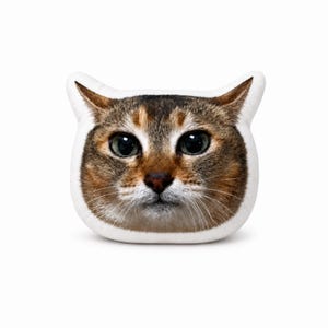 Könnte beinhalten: Ein katzenförmiges Dekokissen mit einem realistischen Fotodruck eines braun-schwarzen getigerten Katzengesichts mit großen grünen Augen, einer dunklen Nase und weißen Schnurrhaaren, eingefasst von einem schlichten weißen Rand.
