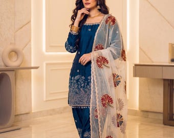 Conjunto Fendi de top de seda Farshi Palazzo para mujer, dupatta de organza con estampado a mano, traje étnico con bordado de perlas, salwar kameez festivo, vestido de Diwali