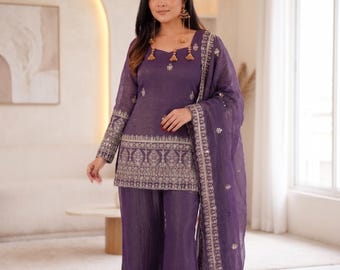 Designer Sharara Set, Zari Embroidery, Festive Party Wear, Crunchy Silk Fabric