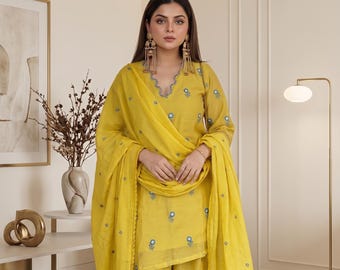 Embroidered Chanderi Silk Kurta with Farshi Palazzo Set, Haldi Ceremony Outfit