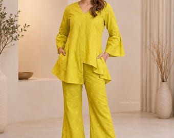 Gelbes Baumwoll Set, gesticktes Boho Ethnic Sommer Outfit