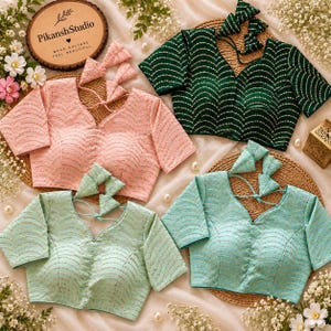 May include: Four short-sleeved blouses in pink, dark green, light green, and teal, each featuring a V-neckline, a scalloped pattern with gold embroidery, and back tie-up closures with triangular tassels. A wooden sign reads PikanshStudio.