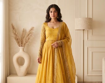 Traje Anarkali amarillo con dupatta, vestido de fiesta, especial para la ceremonia Haldi de la boda, conjunto tradicional pakistaní