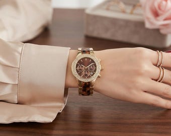 Gold Stainless Steel Watch | Tortoiseshell Bezel | Crystal Accents | Quartz Movement