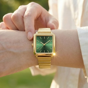 Könnte beinhalten: Eine goldfarbene Armbanduhr mit quadratischem Gehäuse und passendem goldenem Metall-Flexarmband. Das Zifferblatt ist in einem tiefen Smaragdgrün mit Sonnenschliff gehalten und verfügt über goldene Indizes sowie schmale goldene Zeiger.