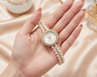 Pearl Bracelet Watch | Crystal Bezel | Faux Pearl Band | Quartz Timepiece