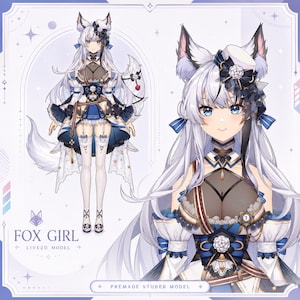 Puede incluir: Una ilustración digital de un personaje con temática de zorro, cabello blanco largo, ojos azules y orejas de zorro. El personaje viste un conjunto azul y blanco con patrones de estrellas, un sombrero pequeño y medias blancas. El texto dice FOX GIRL LIVE2D MODEL.