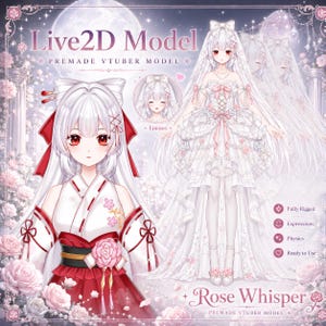 May include: A Live2D VTuber model titled Rose Whisper featuring a character with white hair and red eyes. The character is shown in a traditional-style outfit with red and white accents and a white wedding-style gown with pink rose details.