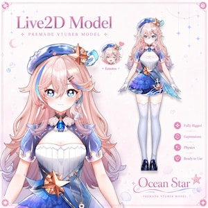 Könnte beinhalten: Ein Live2D-Modell mit dem Titel Ocean Star, das eine Figur mit langem rosa Haar, blauen Augen und einem nautischen Outfit zeigt, bestehend aus einer blauen Baskenmütze, einem weißen Oberteil und einem blauen Rock mit goldenen Stern- und Ankerakzenten.