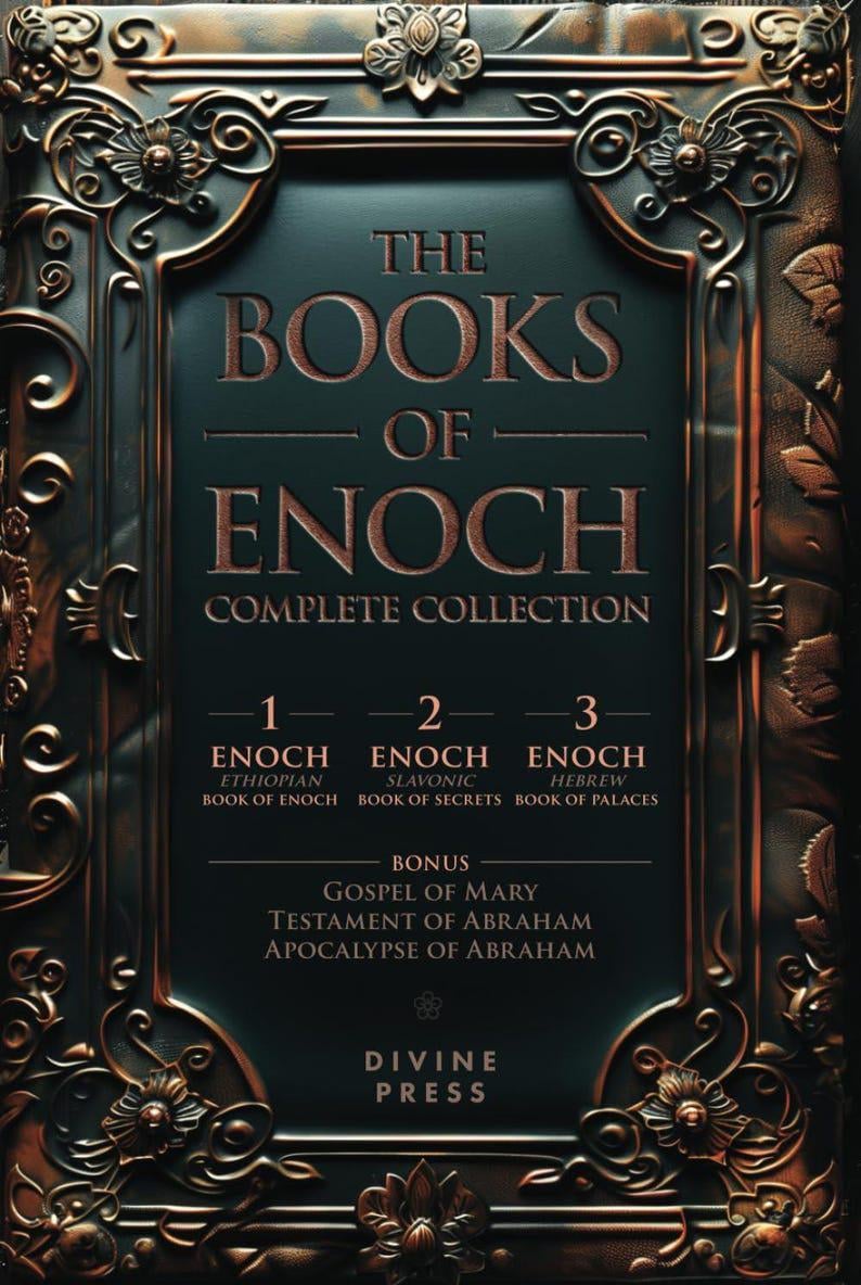 Op de afbeelding: Een gedetailleerde afbeelding van "The Books of Enoch Complete Collection" met sierlijke bronzen omlijsting en tekst. De omslag is donkerblauwgroen met bronzen letters. Bevat het Boek van Henoch, het Boek der Geheimen en het Boek der Paleizen.