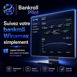 Peut inclure: Un écran d'ordinateur affichant l'interface du tableau de bord Bankroll Pilot avec des données financières, des graphiques et le suivi Winamax. L'écran présente un thème sombre avec des accents bleu néon, du texte en français et un logo Windows.