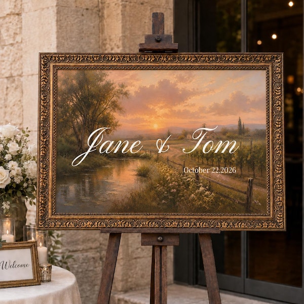 Plaque de bienvenue personnalisée pour mariage au coucher du soleil à la campagne, oeuvre d'art murale pour mariage, noms et date personnalisés, décoration de mariage, impression, plaque de nom de famille
