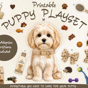 May include: A printable puppy playset featuring a central illustration of a light brown puppy wearing a collar, surrounded by cut-out style graphics of dog food, shampoo, a brush, sunglasses, a bow, toys, and treats with the text Puppy Playset.