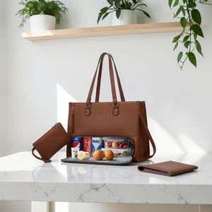 May include: A brown structured tote bag with dual top handles and a zippered front compartment that opens to reveal a food storage section containing a soda can, a milk carton, two oranges, and clear containers filled with fresh fruit.