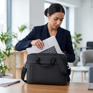 May include: A black laptop bag with a shoulder strap and a handle. A silver laptop is being placed inside the bag. The bag is on a wooden desk. The person is wearing a navy blue blazer.