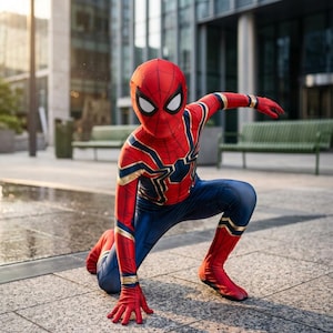 Puede incluir: Un disfraz completo de Spider-Man que consiste en un traje de elastano rojo y azul con un patrón de telaraña negra, detalles dorados en el pecho y los brazos, y una máscara facial completa con grandes lentes oculares de color blanco.