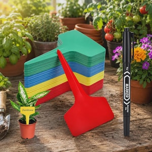 May include: A stack of T-shaped plastic plant labels in green, blue, yellow, and red, accompanied by a black fine-tip marker. One yellow label is inserted into a small pot containing a green and white plant labeled with the word Dumbcane.