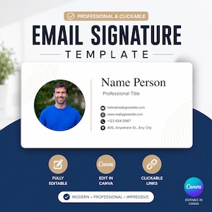 Puede incluir: Una plantilla de firma de correo electrónico profesional y clicable que presenta una tarjeta rectangular blanca con un marcador de posición circular para fotos, datos de contacto y el texto "Name Person" y "Professional Title".
