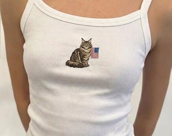Custom American Flag Cat Embroidered Tank Top, Personalized Cat Breed Ribbed Tank, Patriotic Kitty Summer Vacation Outfit