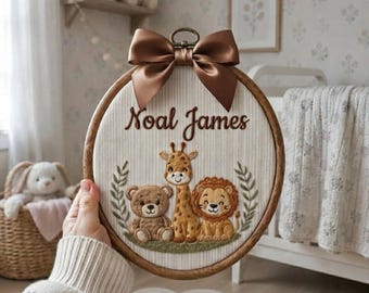 Custom Lion Bear Baby Name Hoop, Personalized Embroidered Nursery Wall Decor, Newborn Keepsake Gift