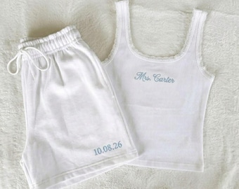 Custom Embroidered Lace Tank Set, Personalized Bridal Pajamas, Wedding Morning Lounge Wear for Bride